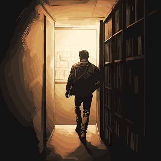concept art, vector, simple background, man in leather jacket, sneaking in office