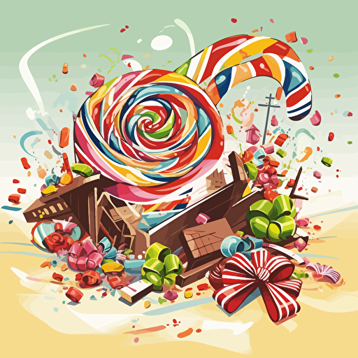 decroative abstract bow wrapped around a candy factory, various candy on the ground, vector art,