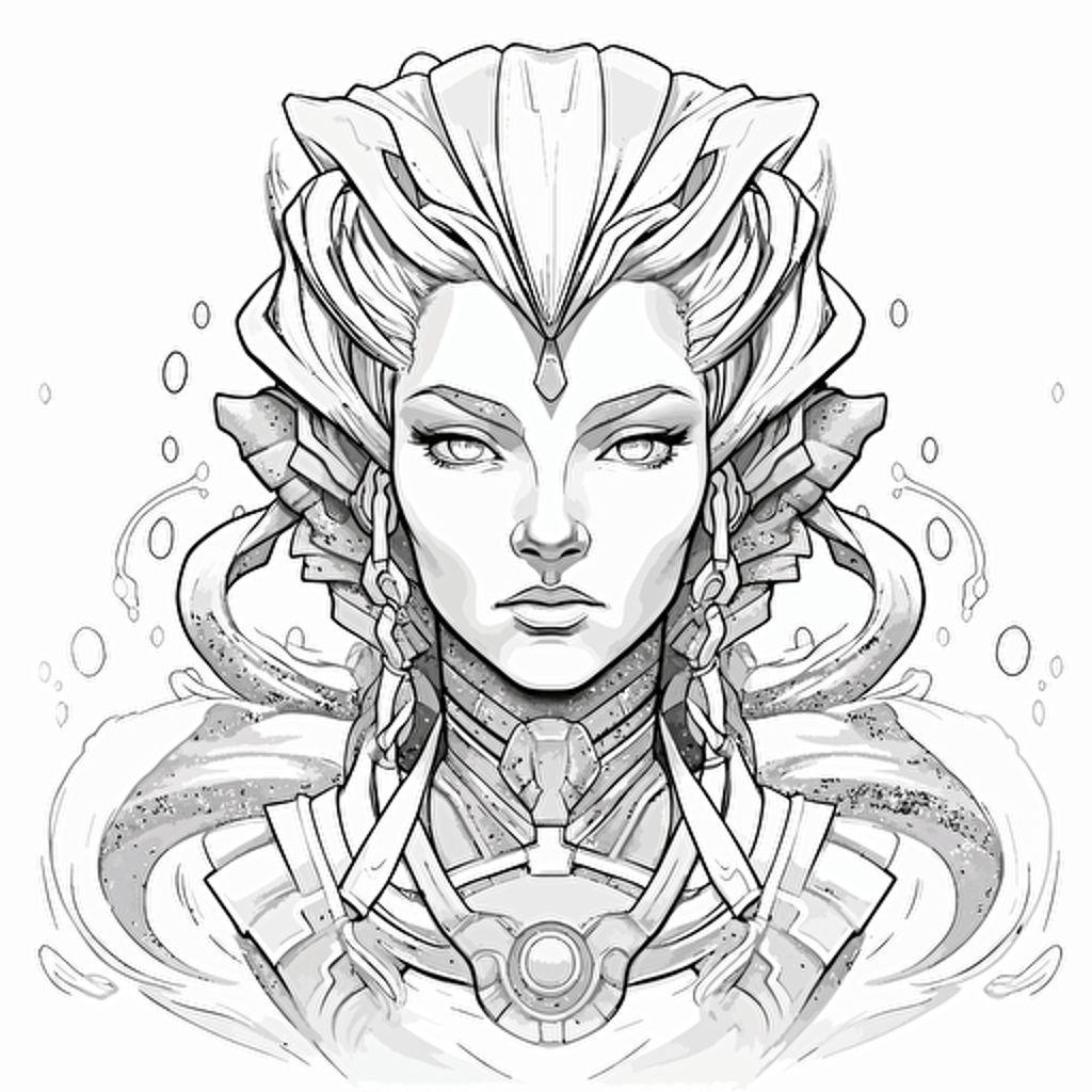 a water inspired ancient clever superhero girl bust, digital illustration, minimalism, concept art, vector draw, black and white, coloring page, outline only, powefull