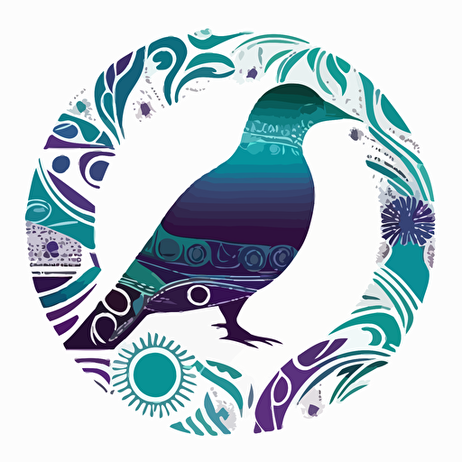 a petrel covered in aboriginal and Māori designs, in teal, purple and blues on a white background in a circle. Vector style.