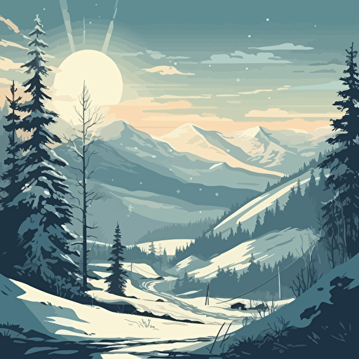 wonderful mountain vista, winter ski area, vector style, 50's retro illustration