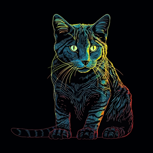 vector, neon cat, retro, black background