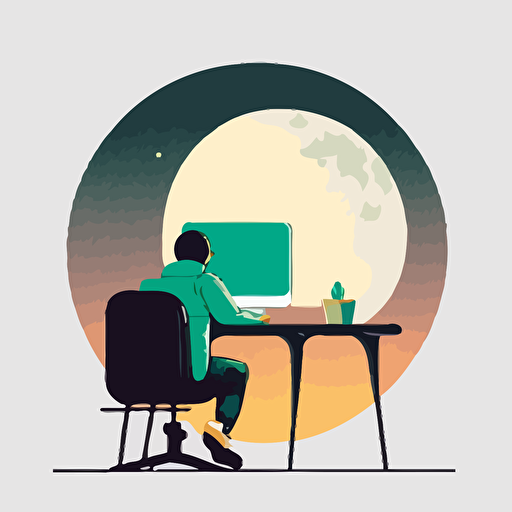 a person sitting at a desk typing on a computer on the moon in a minimalistic vector illustration with pastel colors