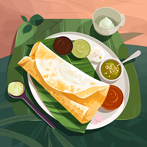 Flat Vector Illustration of a South Indian Dosa and Chutney on Banana Leaf. Mood is Elegant Table setting, Style of Malika Favre. Use only 3 Colours. Strong Light and Shadow. Style of Maite Franchi. Pastel Colours