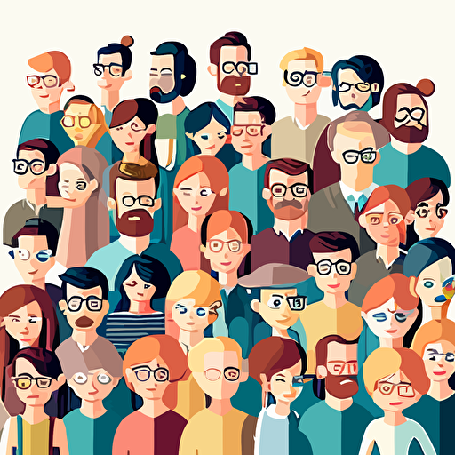 A large group of people all gathered together facing the camera. flat style illustration for business ideas, flat design vector, industrial, light color pallet using a limited color pallet, high resolution, engineering/ construction and design, colored cartoon style, light indigo and light gold, cad( computer aided design) , white background