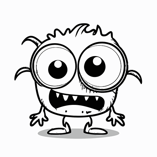 happy monster, big cute eyes, pixar style, simple outline and shapes, coloring page black and white comic book flat vector, white background