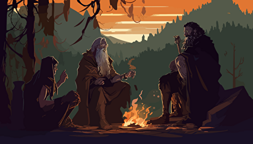 Vector art of a barbarian orc, a wizard in grey robes, an elf in green robes and a female hobbit in a black cloak, sitting around a fire at night.