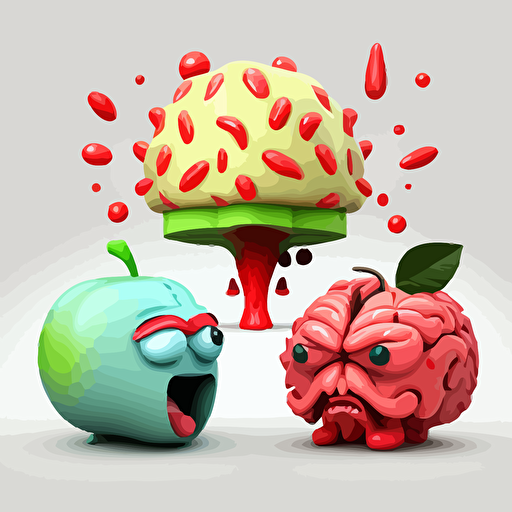 three cartoon brains, vector, 2d, brain 1 has an empty black inside, brain 2 has a megaphone, brain 3 has a juicy red apple