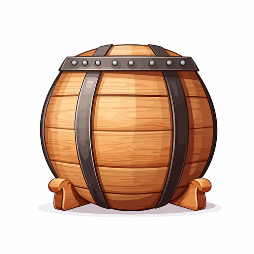 wooden barrel, simple forms, flatart, 2D vector style, cartoon, white background, side view