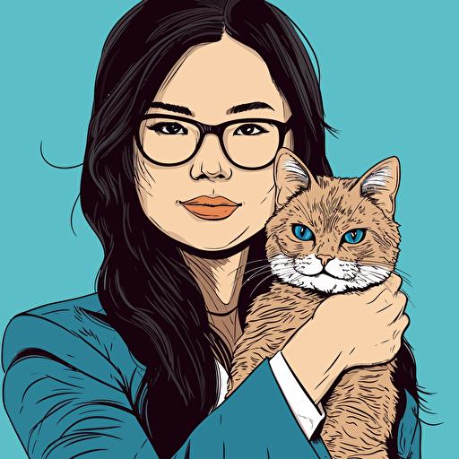 vector art style, 28 year old asian female executive, holding a cat, in the style of Michael Parks