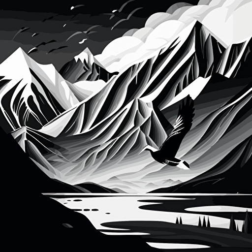 an abstract 2d black and white vector drawing with no details including a stork and the mountains of serfaus in the alps
