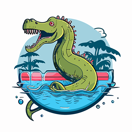 loch ness monster at a pool party, vector logo, vector art, emblem, simple cartoon, 2d, no text, white background