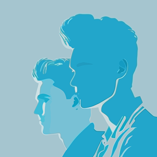 2 young man, Indulgent, Partying, light blue color, light blue background, simple design, vector style, white outline over silhouette