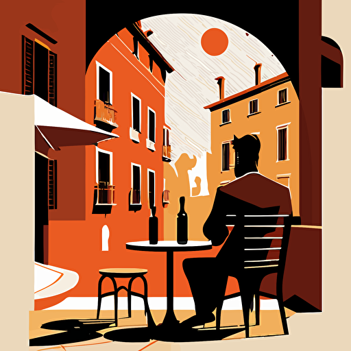 simple illustration, man sitting at alfresco table drinking wine, looking out over the piazza, motif style, vector**