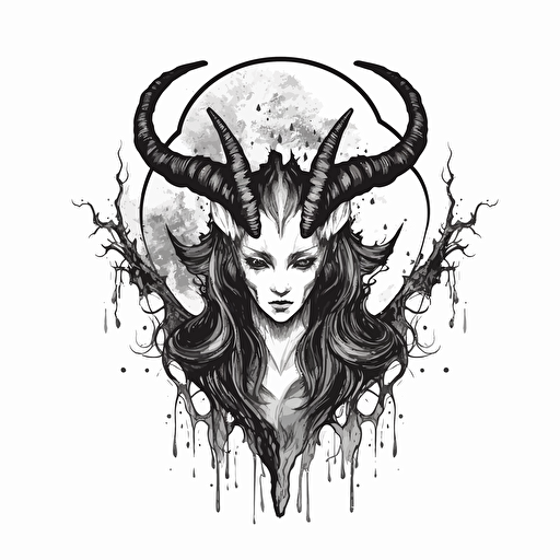 flat vector logo, black and white, ink style, cresent black moon, black stylized moon, goat eye, moon, tree black tears, with the word: volva