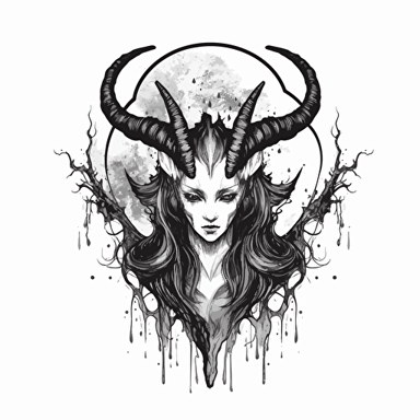 flat vector logo, black and white, ink style, cresent black moon, black stylized moon, goat eye, moon, tree black tears, with the word: volva