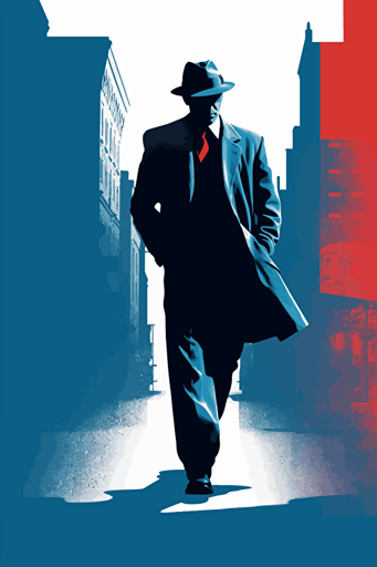 a gangster in black with a hat as he walks down the street, in the style of simplistic vector art, blue/red, cityscape, movie poster, maquette, stencil-based, mid-century illustration