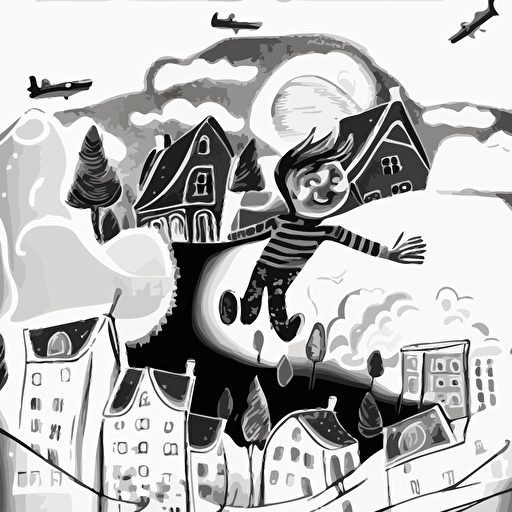 Little boy flying above houses and trees higher in the sky . black and white vector illustration. Cheerful image