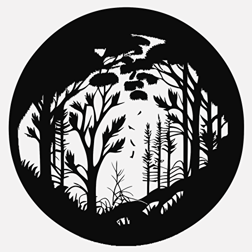 laser cut forest, monotone, single layer, no shadows, #000000, 70mm diameter perfect circle, black outer border, vector art