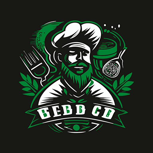 black and white vector logo, BBQ man, Bearded man with BBQ utensils, Green egg grill in the background, BBQ chef