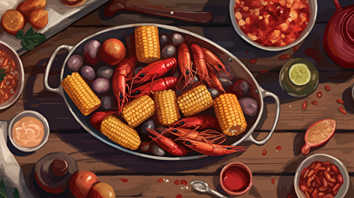 a crawfish boil dinner spread out on a table, eye view, crawfish, corn cobs, sliced saugages, small red potatoes, vector, oil painting style
