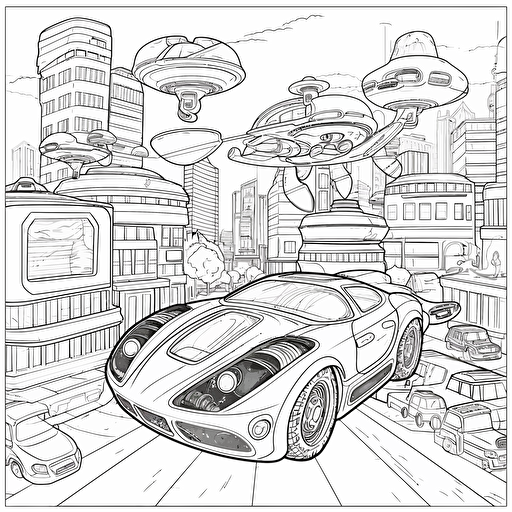 Futuristic City. Flying Cars. Cartoon. Coloring page. Vector. Simple.