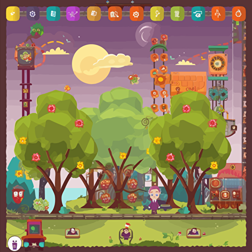 Design a game menu background, a funfair with trees flowers and people in it, add some electrical power equipment, 2.5D vector style, every thing is a cube.