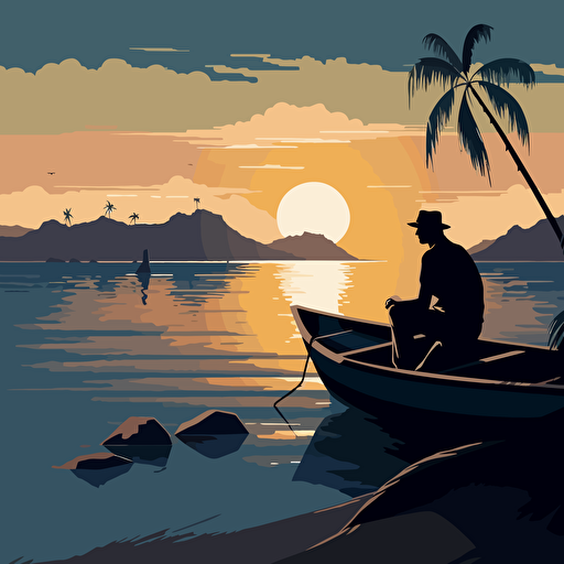 fishing man on a boat silhouette, beach background vector illustration, in the style of raphael lacoste, restrained impressionism, uhd image, r. kenton nelson, pensive stillness, high resolution, john mckinstry