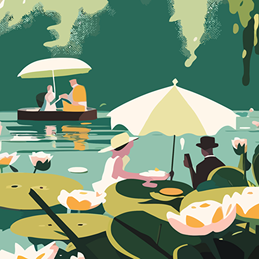 Inspired by Claude Monet's Impressionism, create a vector illustration of a peaceful pond with water lilies, surrounded by people enjoying a picnic on a sunny day. Use simple shapes and soft colors to evoke the atmosphere.