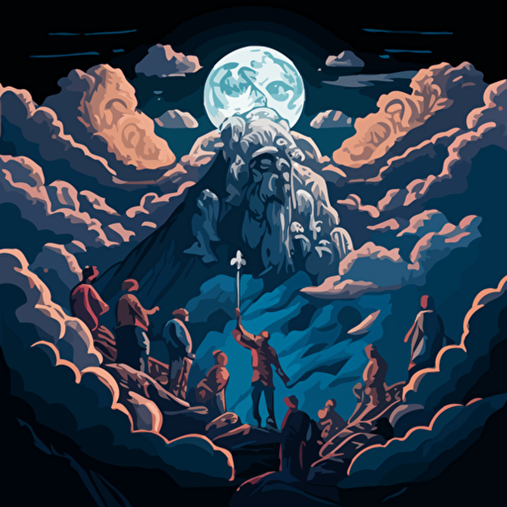 Based on the Greek myth of Prometheus, design a vector illustration of Satoshi Nakamoto bestowing the gift of blockchain technology to humanity, represented by a diverse group of people. Set the scene on a mountain peak, with a dramatic sky.