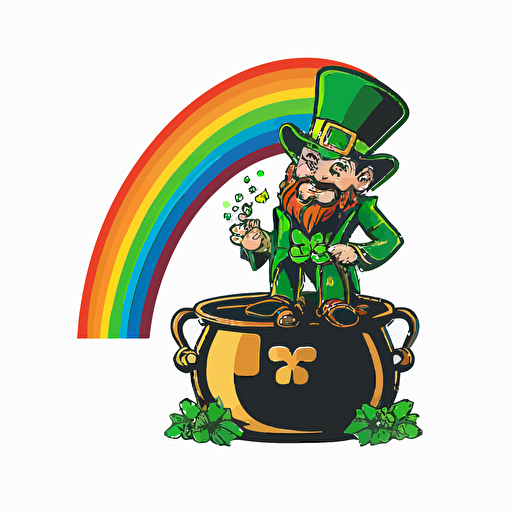 leprechaun at end of rainbow with pot full of gold coins, vector logo, vector art, emblem, simple cartoon, 2d, no text, white background