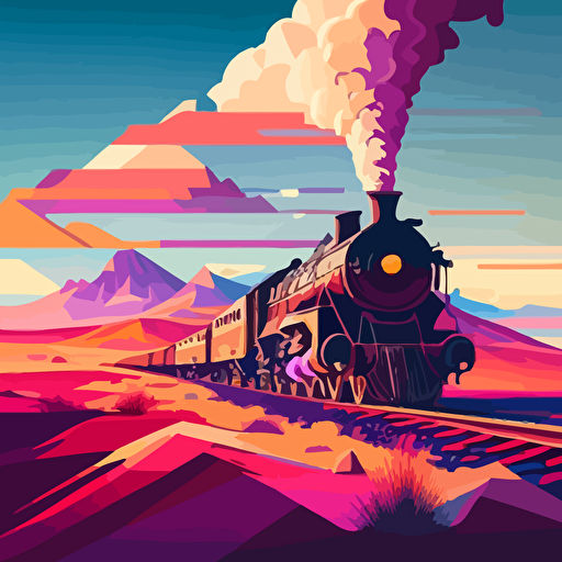 one steam train, flat landscape, digital art, vector, long shadow, 45 degree point of view, by Grant Riven Yun , synthwave colors