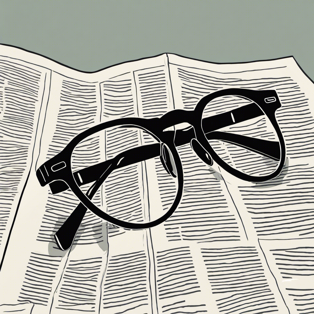Pair of reading glasses on an open newspaper., illustration in the style of Matt Blease, illustration, flat, simple, vector