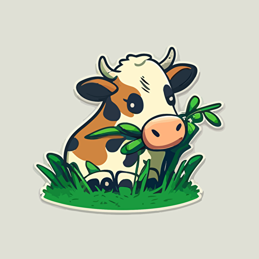 Very cute cow eating grass pixar style, 2d flat design, vector, cut sticker