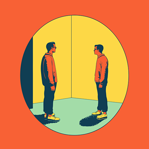 person looking into mirror by tim lahan, 2d vector art, flat colors