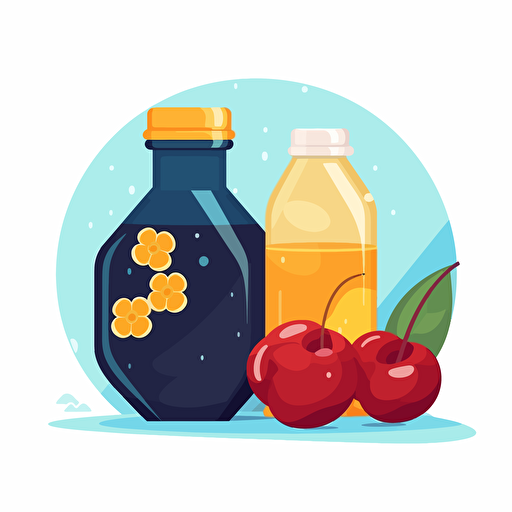 A spheric glass bottle containing honey combs and and a pair of cherries. Flat vector illustration in the style of Kurzgesagt.
