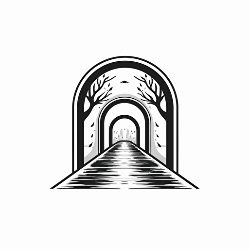 a simple logo, with an archway entrance made with just a thin line, and stylized running water in the foreground, black and white, vector style, 2d v4