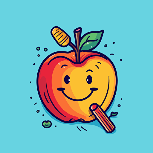 an illustration of an apple and a pencil stylized, vector art style, back to school style, happy colors