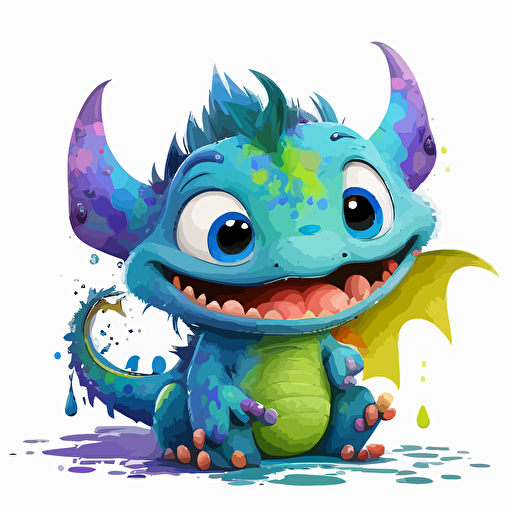 A saturated colorfull baby fur dracoliche, goofy looking, smiling, white background, vector art , pixar style