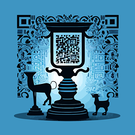 A vector illustration of a QR code using silhouettes of old-fashioned and antique objects, rendered in a minimalistic style with dark and blue and black tones. Use geometric flat vectors to create an iconic and dynamic composition, no shades, and only objects as lamps, doors, chairs, kettles, toys etc.