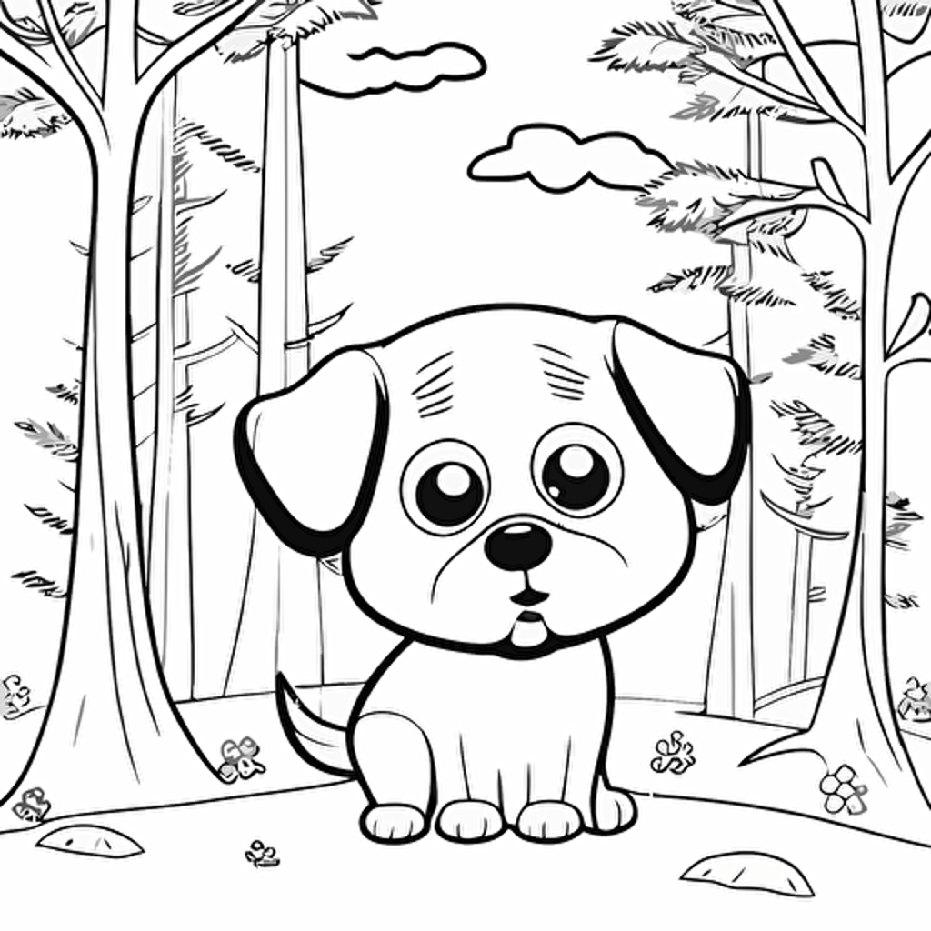 kids coloring page, cute happy dog in forest, big cute eyes, pixar style, simple outline, coloring page black and white, comic book flat vector, white background