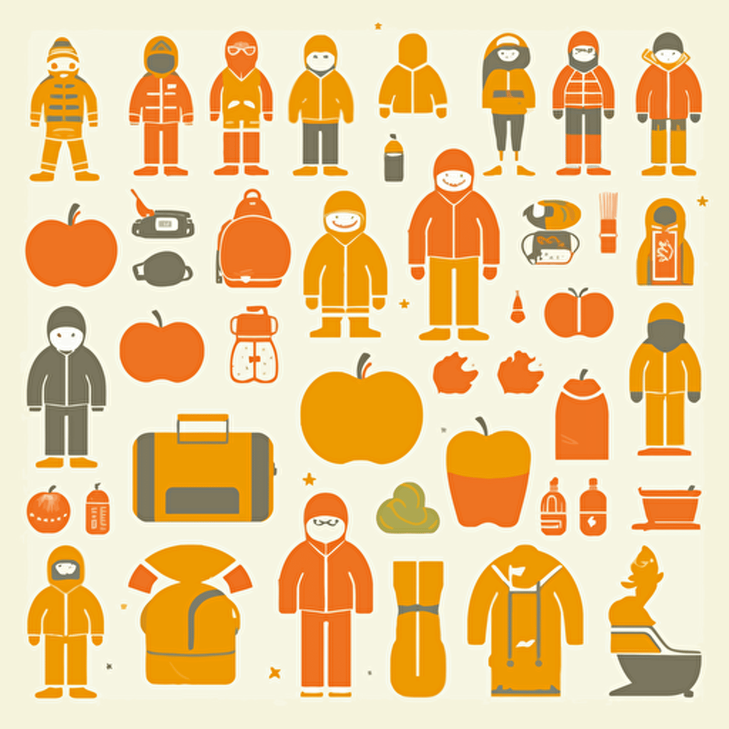 A set of 30 different pictograms consisting of 3 apples and peaches, bag packs and duffel bags, skipants, beanies and hats, gloves and mittens. The collection is made easy to understand in its easy shape. Target Group: Children between the ages of 3 and 7, gender neutral. Image specification: 2D vector art. There's no color. Remove all colors. Use in black and white only.