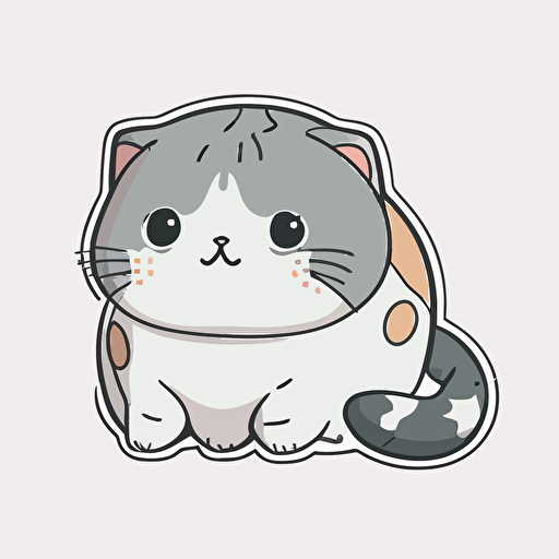 kawaii scottish fold cat, grey and white, sticker, vector, white background, contour, cartoon style