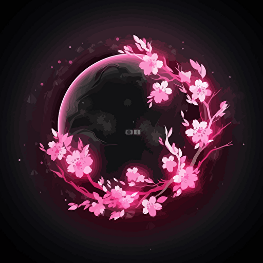 vector logo, pink full moon emitting very strong pink synchrotron radiation, clear details, Shaped with whirling cherry petals emblem, around luminous particles, black Background, goloden paintings on Sparkling silk style