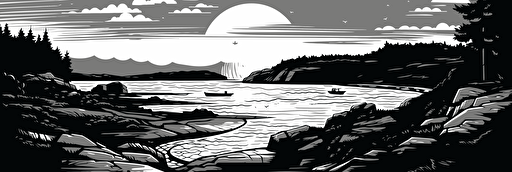 A black and white woodcut illustration of a maine island beach at sunset, black and a white, vector illustration