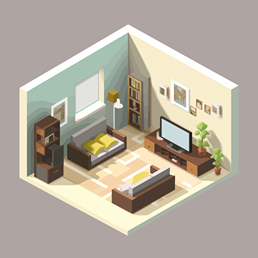 isometric room, modern, minimalism, cutaway living room, vector, high quality,