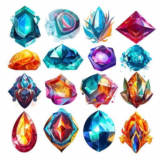 Collection of mythological cut jewels, hindu, translucent, shiny object, high detail, symmetrical, vector, cartoon, white background