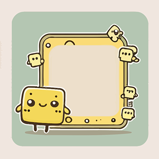 vector sticker design, transparent background, rectangle wide border plain inside, cute kawaii style, small robot in lower right corner smiling,pastel yellow tones