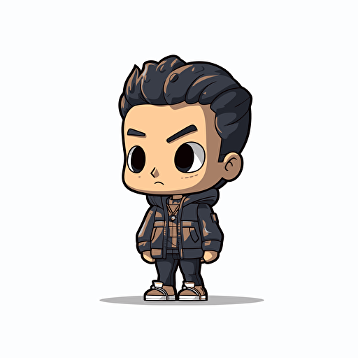 a flat 2D vector picture in Unreal Engine of a boy funko pop dressed puff jacket, white background for a clean, minimalist design