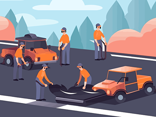 A group of workers is busy laying asphalt road, they use asphalt mix and grader to lay the road. A worker uses a hand-held roller to tamp the asphalt,vector ,2d illustrator,